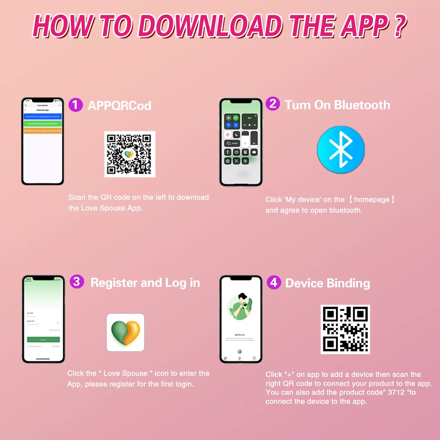 Smartphone app setup steps shown with hot pink wearable butterfly vibrator