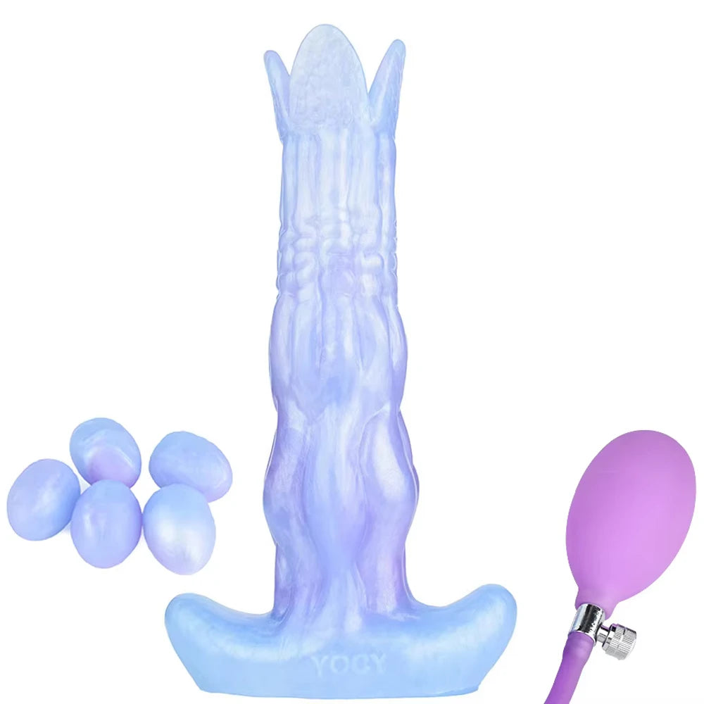 Light blue textured ovipositor dildo with attached eggs on the side