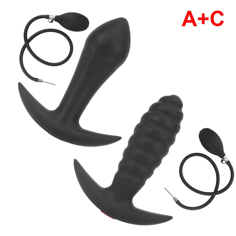Black inflatable anal plug set with two plugs and two ring straps (A+C)