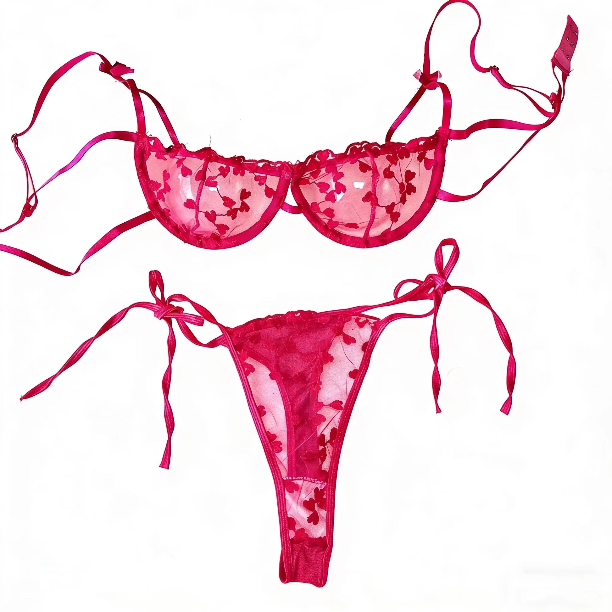 Floral mesh bra and thong set with bow accents in bright pink