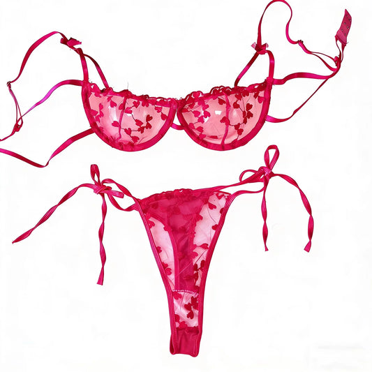 Floral mesh bra and thong set with bow accents in bright pink