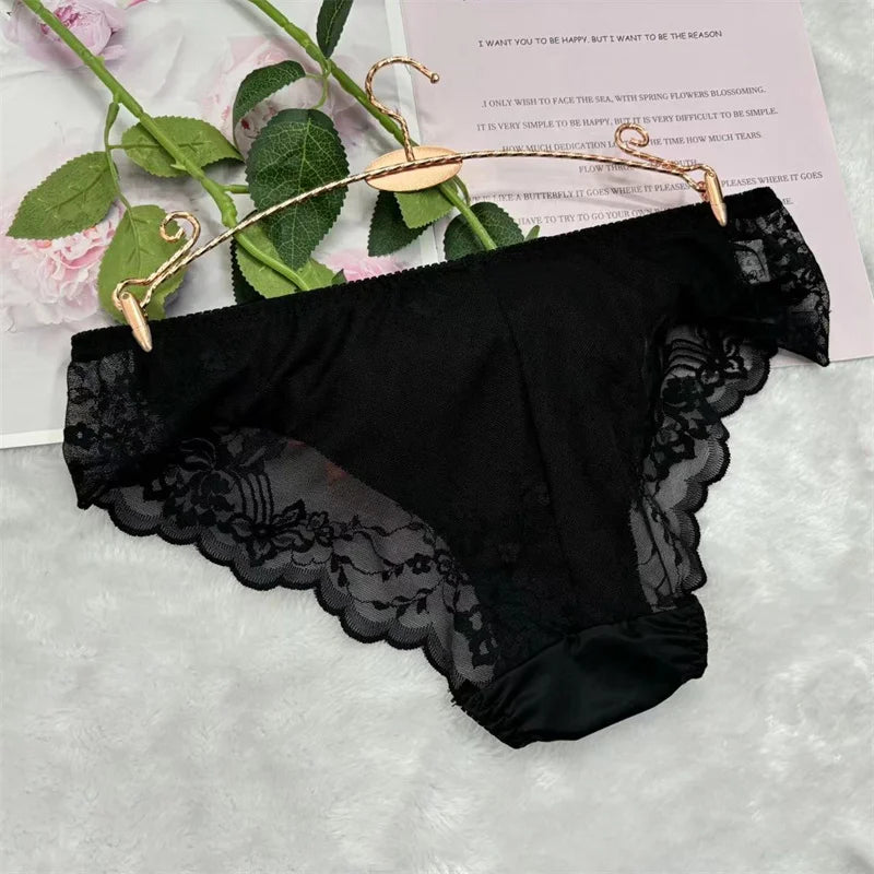 Black lace U-pouch brief with scalloped lace trim and floral mesh side panel