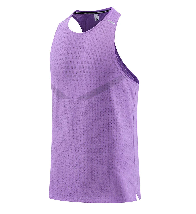 Men's breathable mesh gym vest tank, purple, side view with scoop neckline