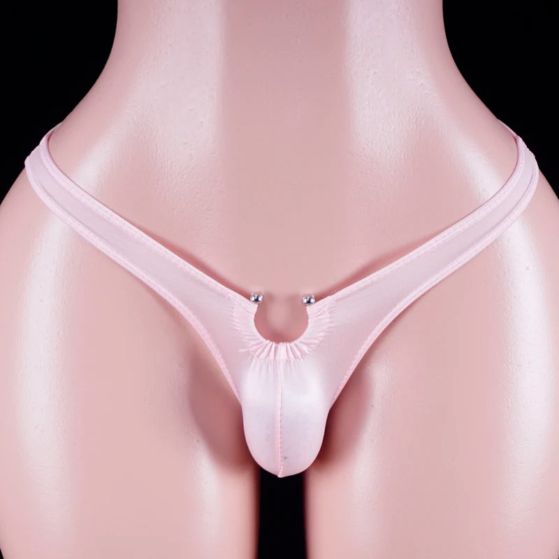 Solid U-pouch soft brief, pink, front view with metal-stud ring detail