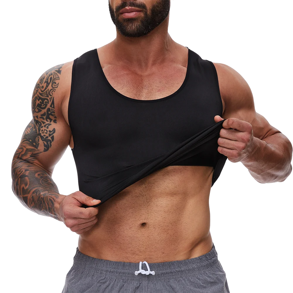 Black men's tummy control vest, front scoop neck with gathered panel