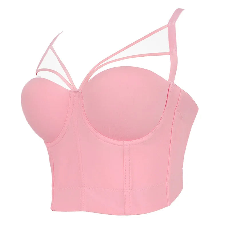 Close-up pink corset bustier bra with underwire cups and thin straps