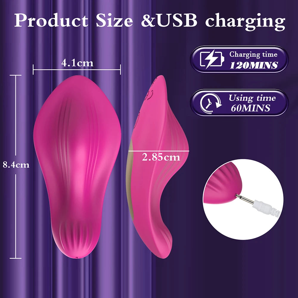 Hot pink wearable butterfly vibrator with USB charging cable, compact size, timed charging