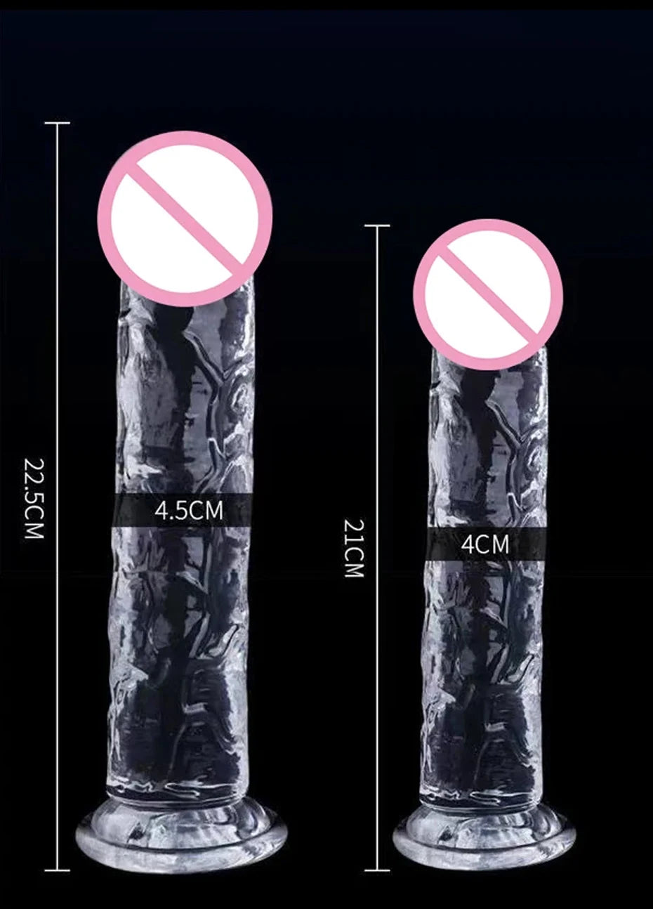Transparent jelly dildo with suction cup, upright on base; height and width labels shown