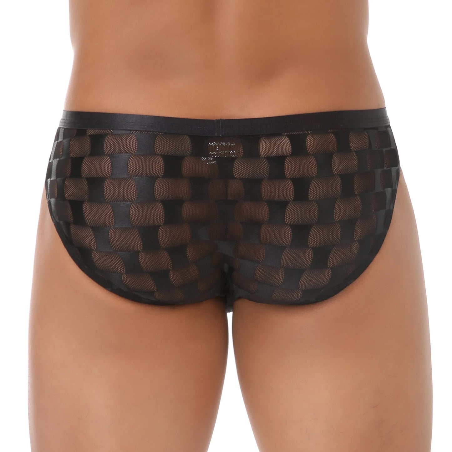Black transparent checkered mesh brief, back view with full rear coverage