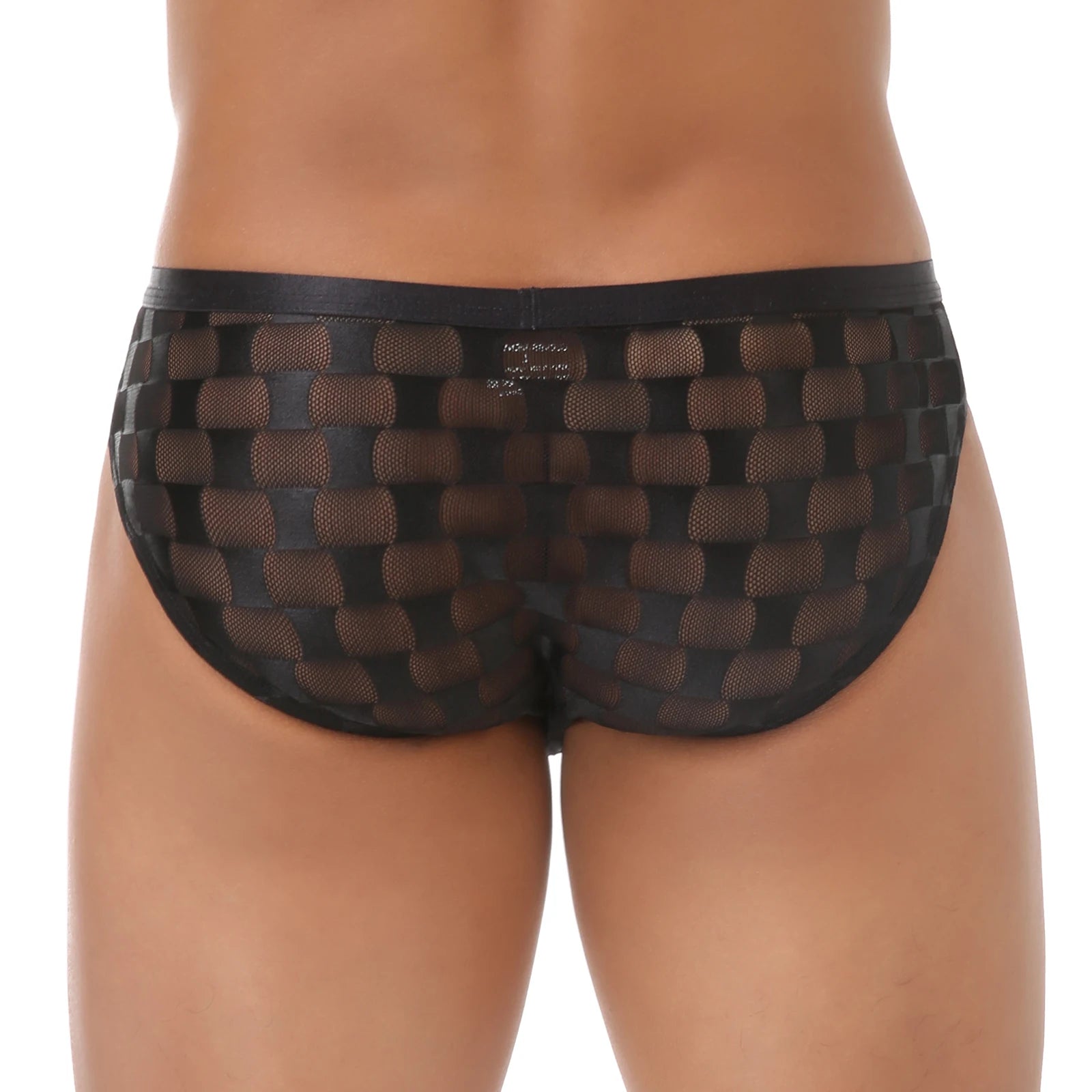 Black transparent checkered mesh brief, back view with full rear coverage