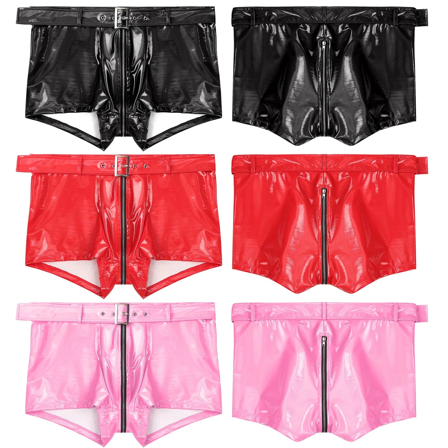 Set of wet-look PVC zipper boxer briefs in black, red, pink, and light pink
