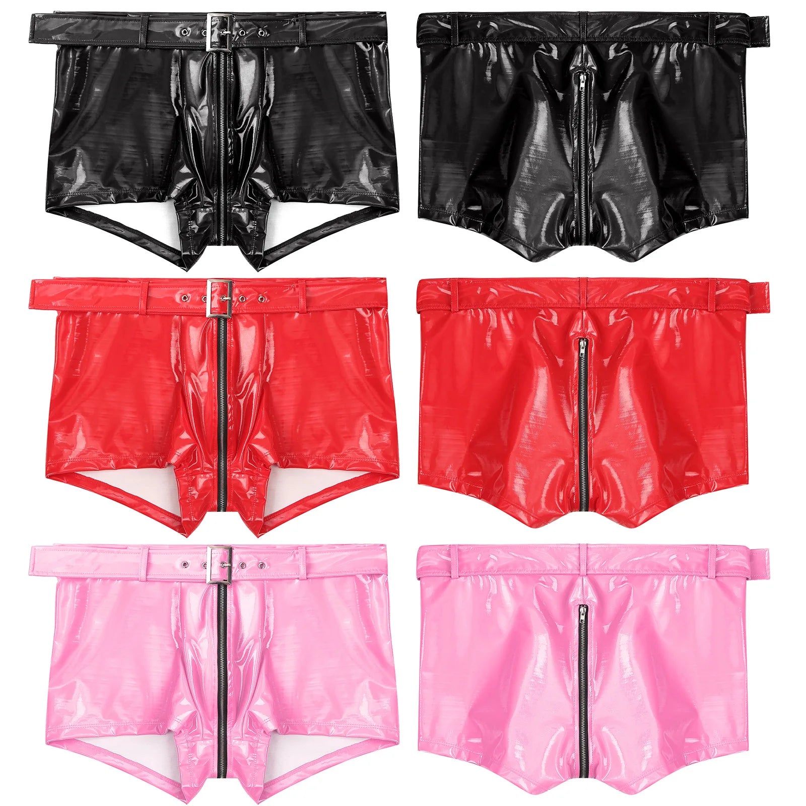 Set of wet-look PVC zipper boxer briefs in black, red, pink, and light pink