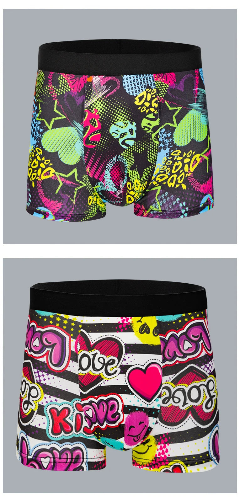 Two multicolor printed boxer shorts with black waistbands, neon shapes and hearts