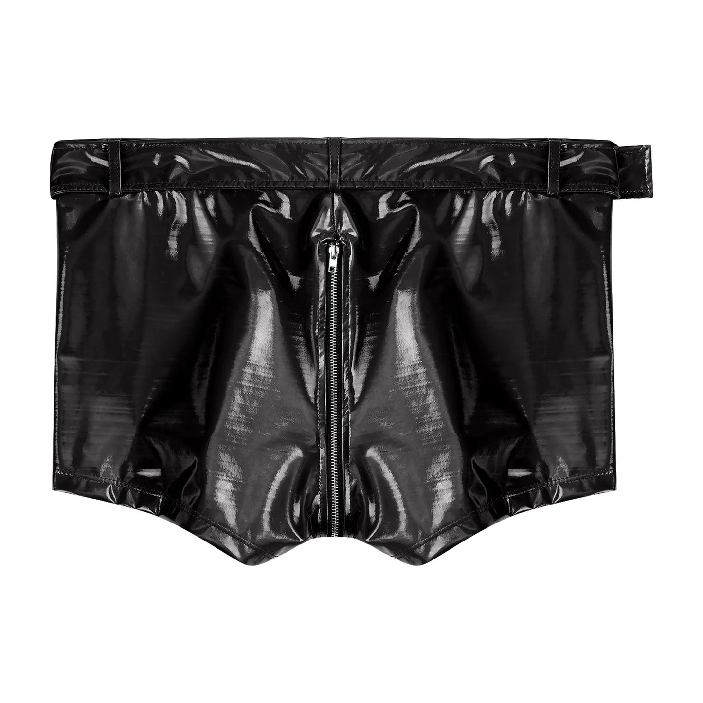 Black wet-look PVC boxer briefs with front zipper and wide waistband