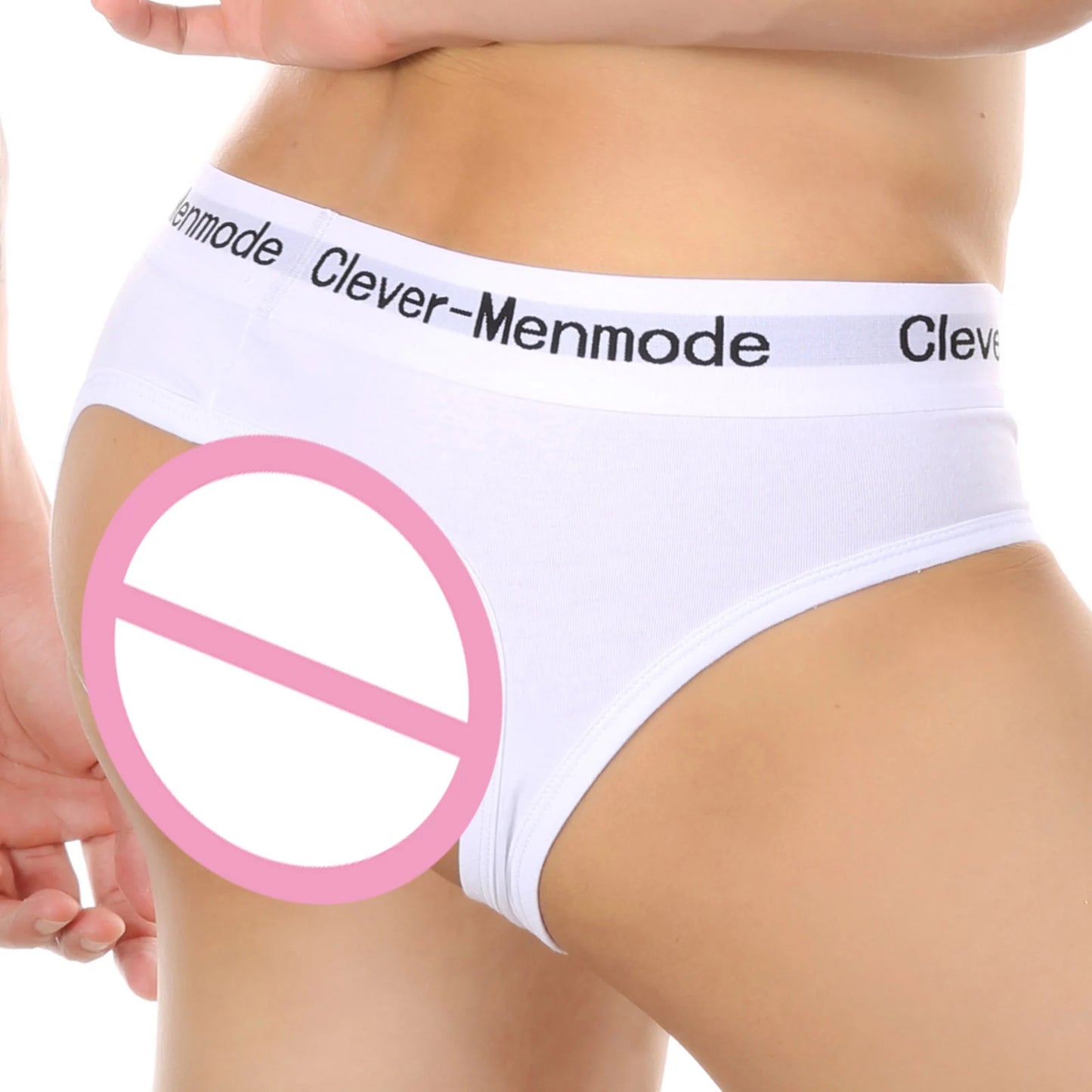 Open-back cotton anal brief, white, low back cut with wide white logo waistband