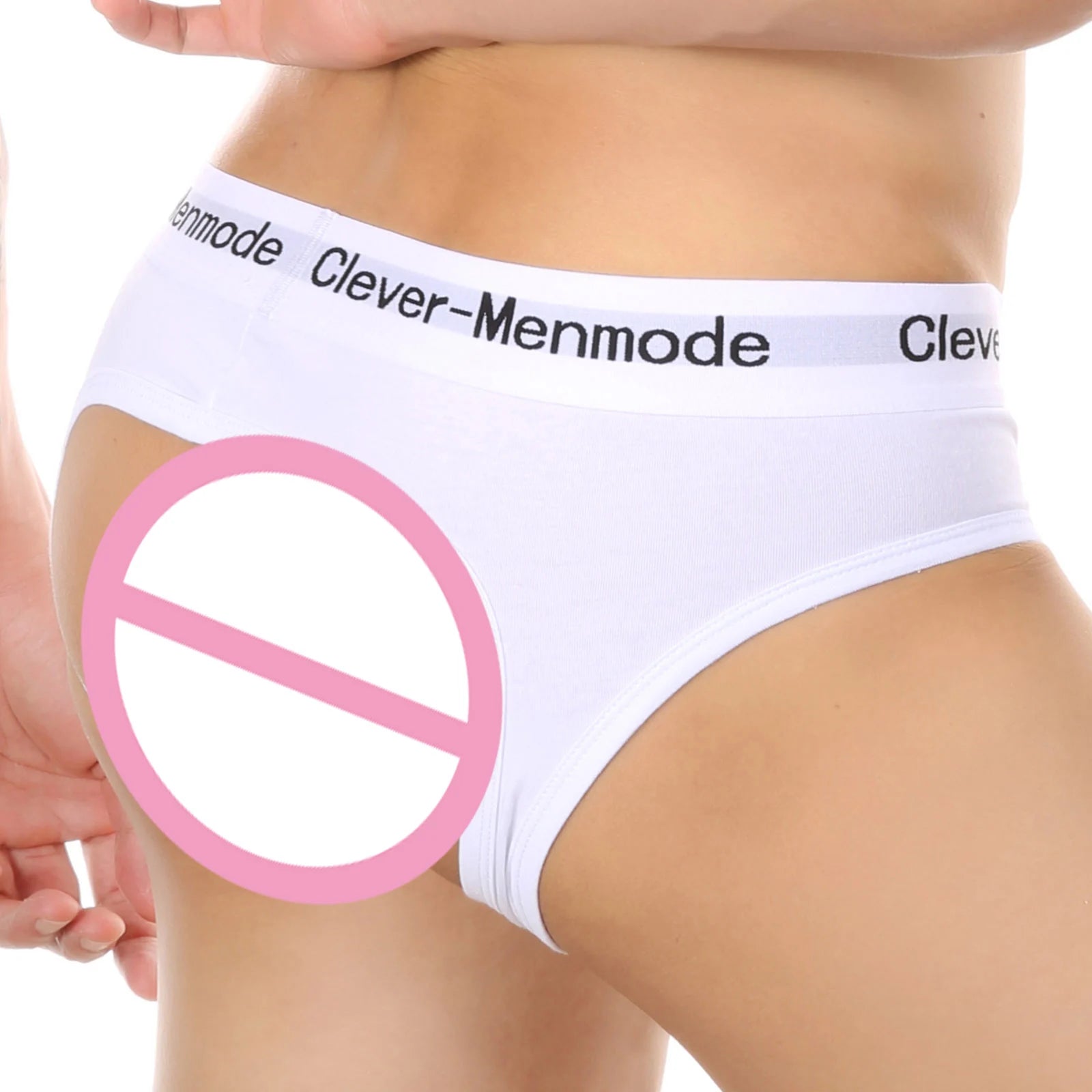 Open-back cotton anal brief, white, low back cut with wide white logo waistband