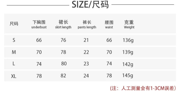 Size chart table for bodysuit nightgown: S, M, L, XL measurements and weight