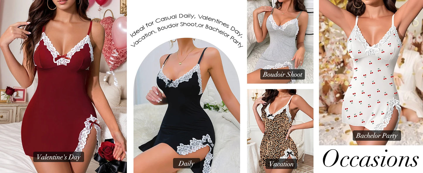 Red and white lace-trim babydoll chemise variations with bow at V neckline