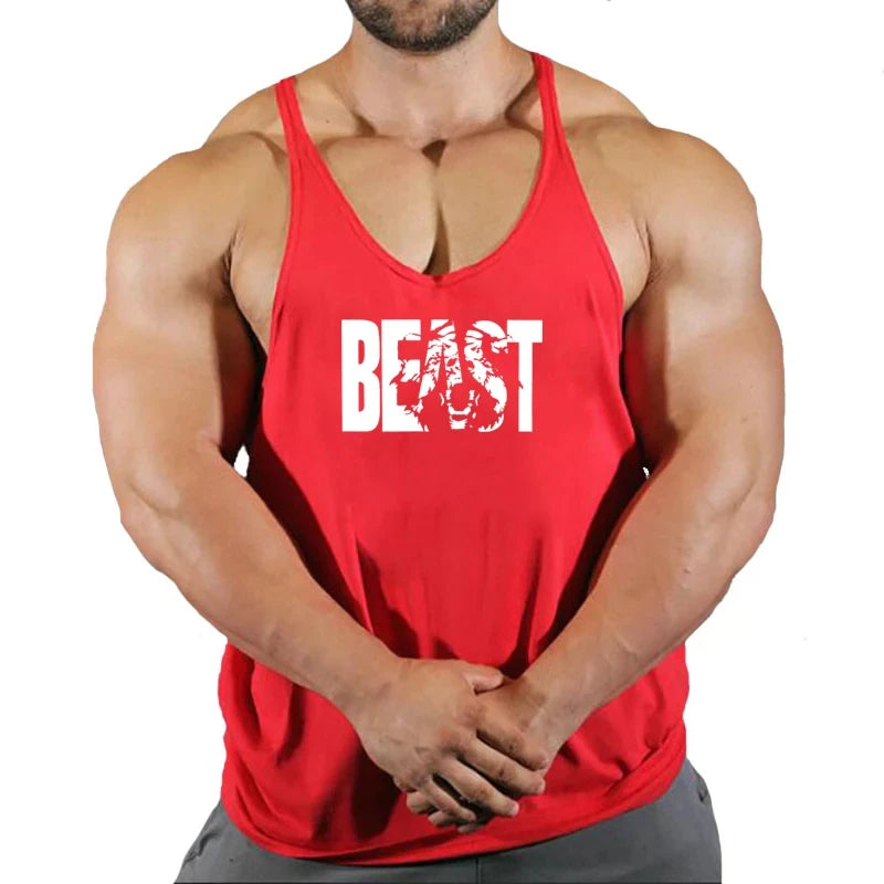Men’s gym stringer singlet vest in red with large white “BEAST” chest text