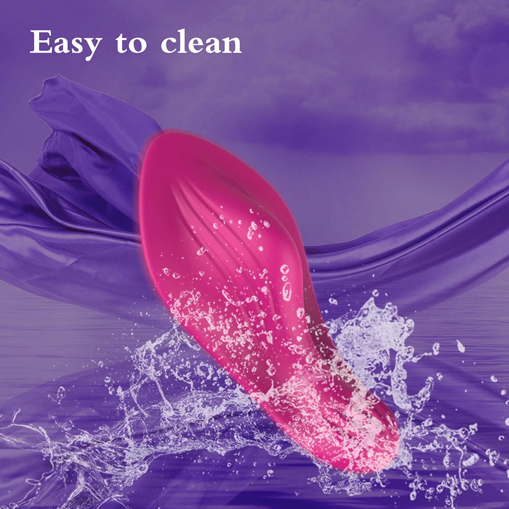 Hot pink waterproof wearable butterfly vibrator with visible water droplets for easy cleaning