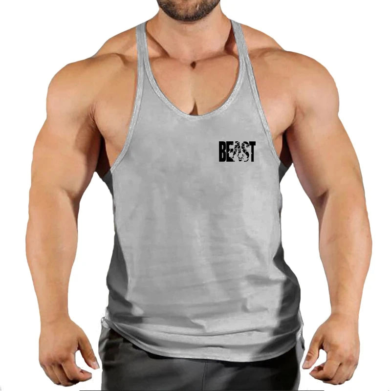 Gym stringer singlet, gray, deep scoop neck and thin straps with BEAST chest print