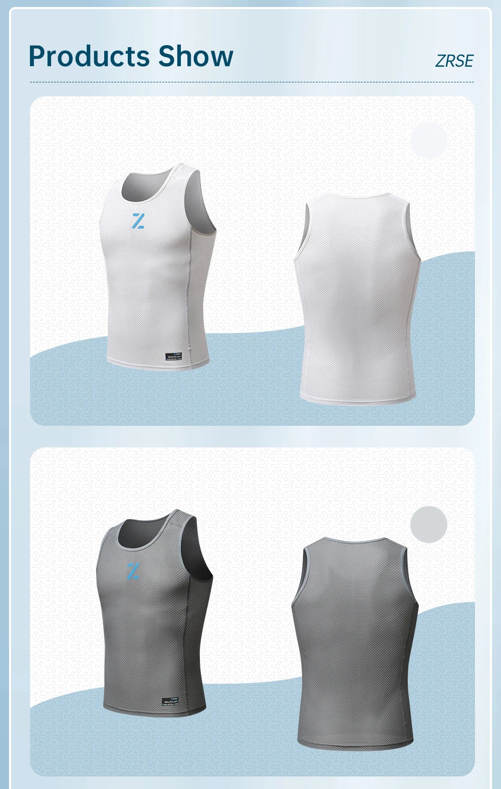 Product show: white and gray men's cycling mesh vest base layers