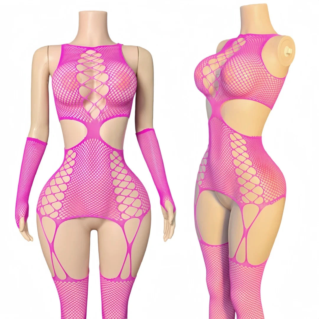 Magenta sheer fishnet catsuit with lace-up cutout pattern and matching gloves
