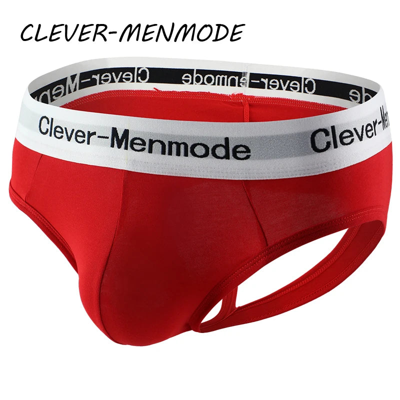 Red cotton open-back anal brief with wide logo waistband and side cutout