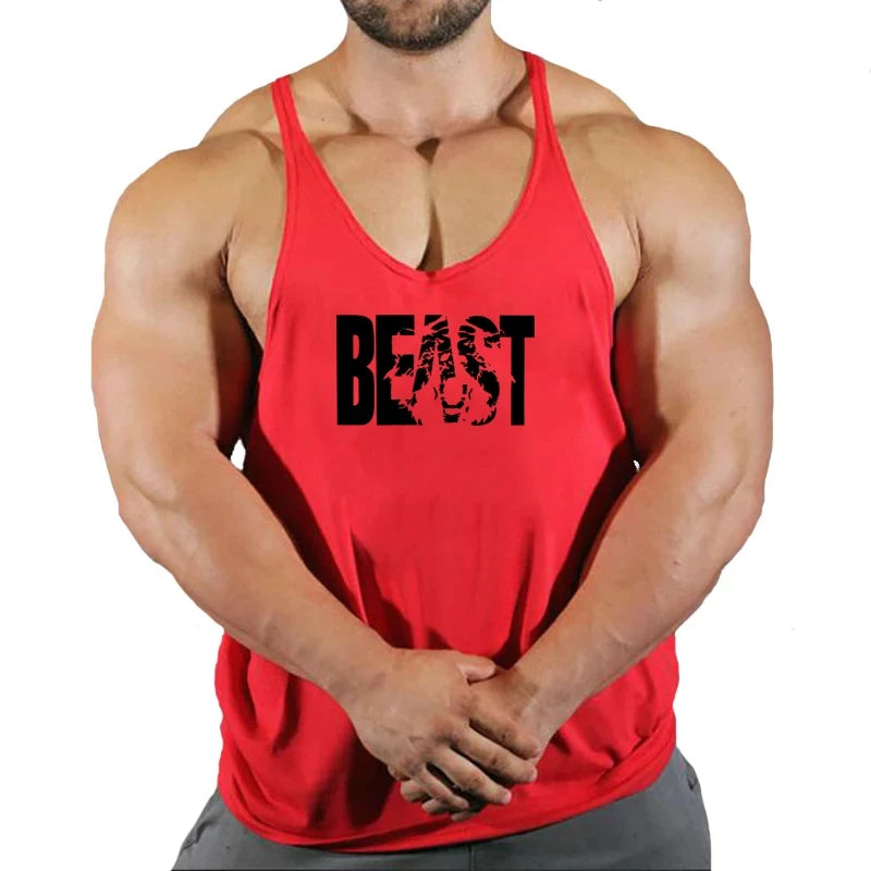 Men’s gym stringer singlet vest in red with black “BEAST” chest graphic