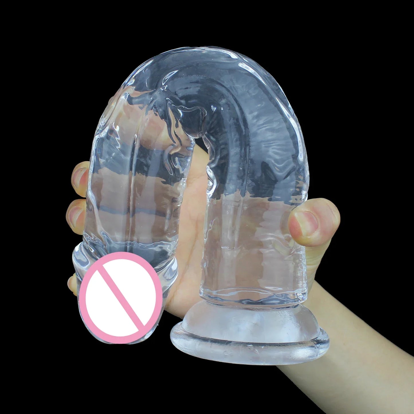 Clear blue transparent jelly dildo with suction cup base close-up