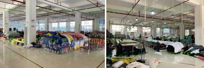 Clothing production workshop with racks and folded items