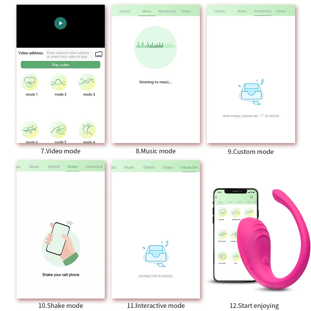 Pink curved vibrator with phone app screens for video, music, and custom modes