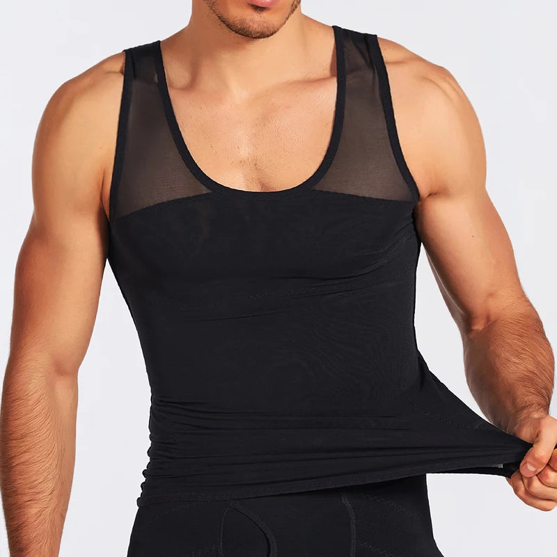 Men's black compression vest with mesh panels and scoop neckline