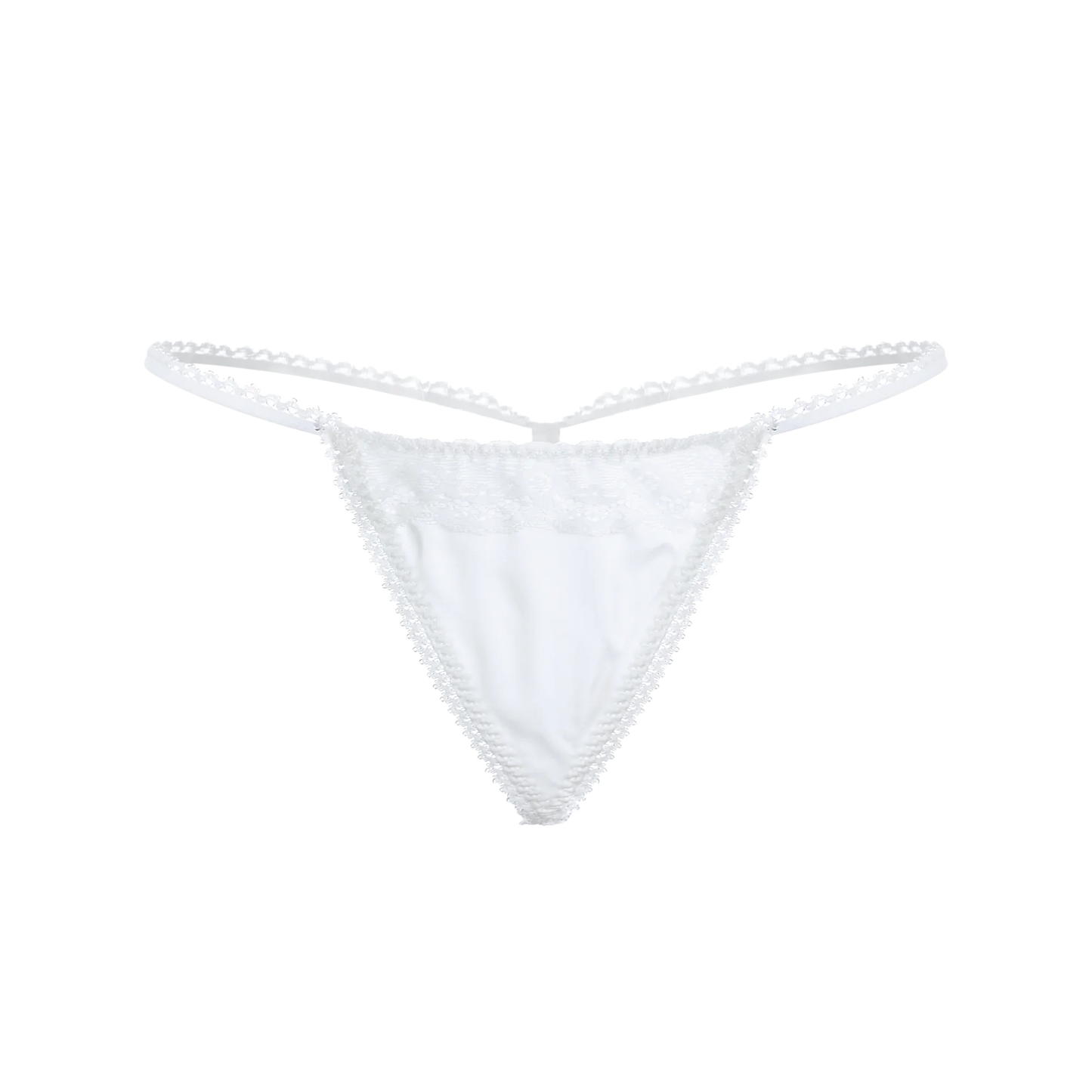 White lace backless thong-style bottom with thin straps and triangle back coverage