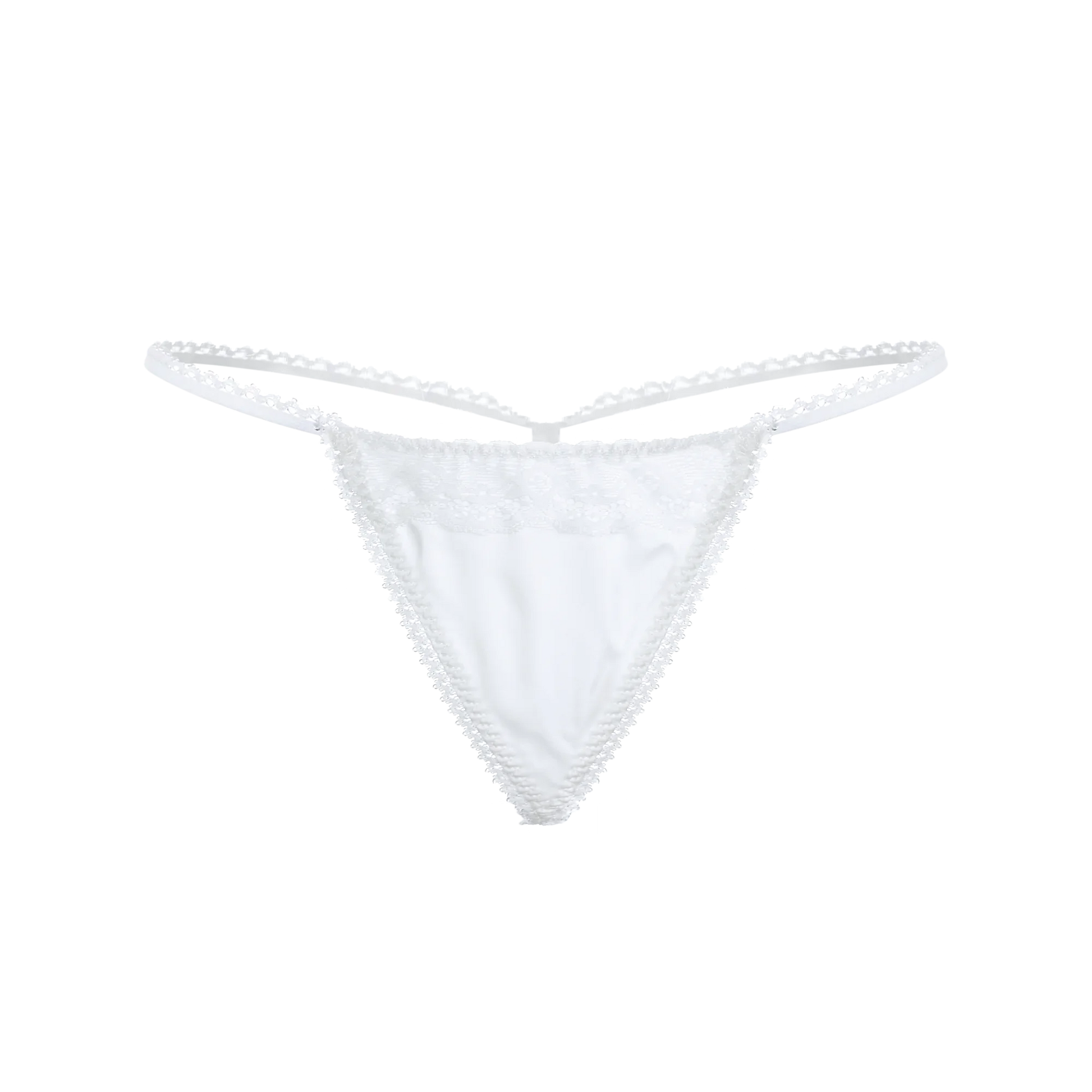 White lace backless thong-style bottom with thin straps and triangle back coverage