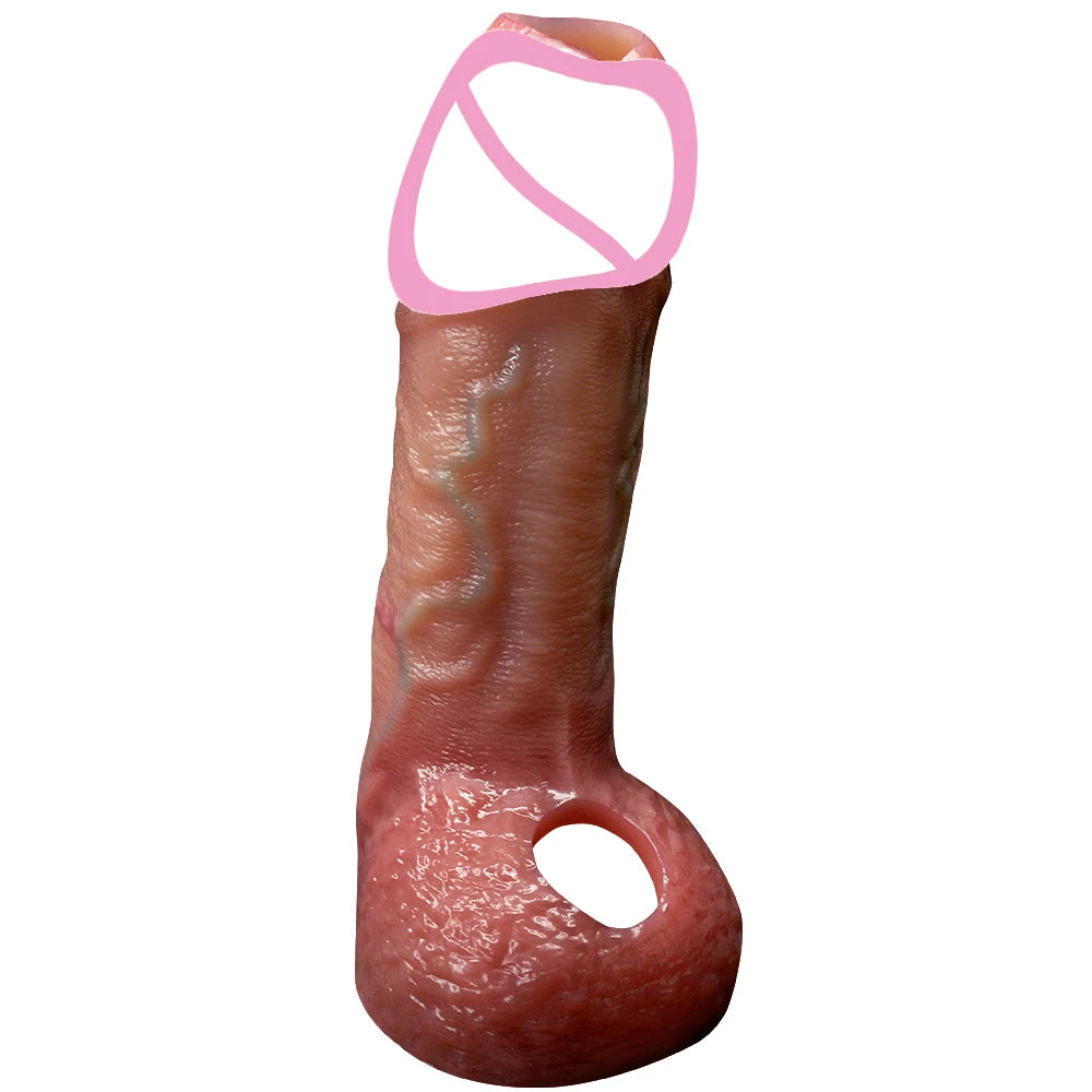 Silicone penis extension sleeve, brown, angled view with circular opening at base