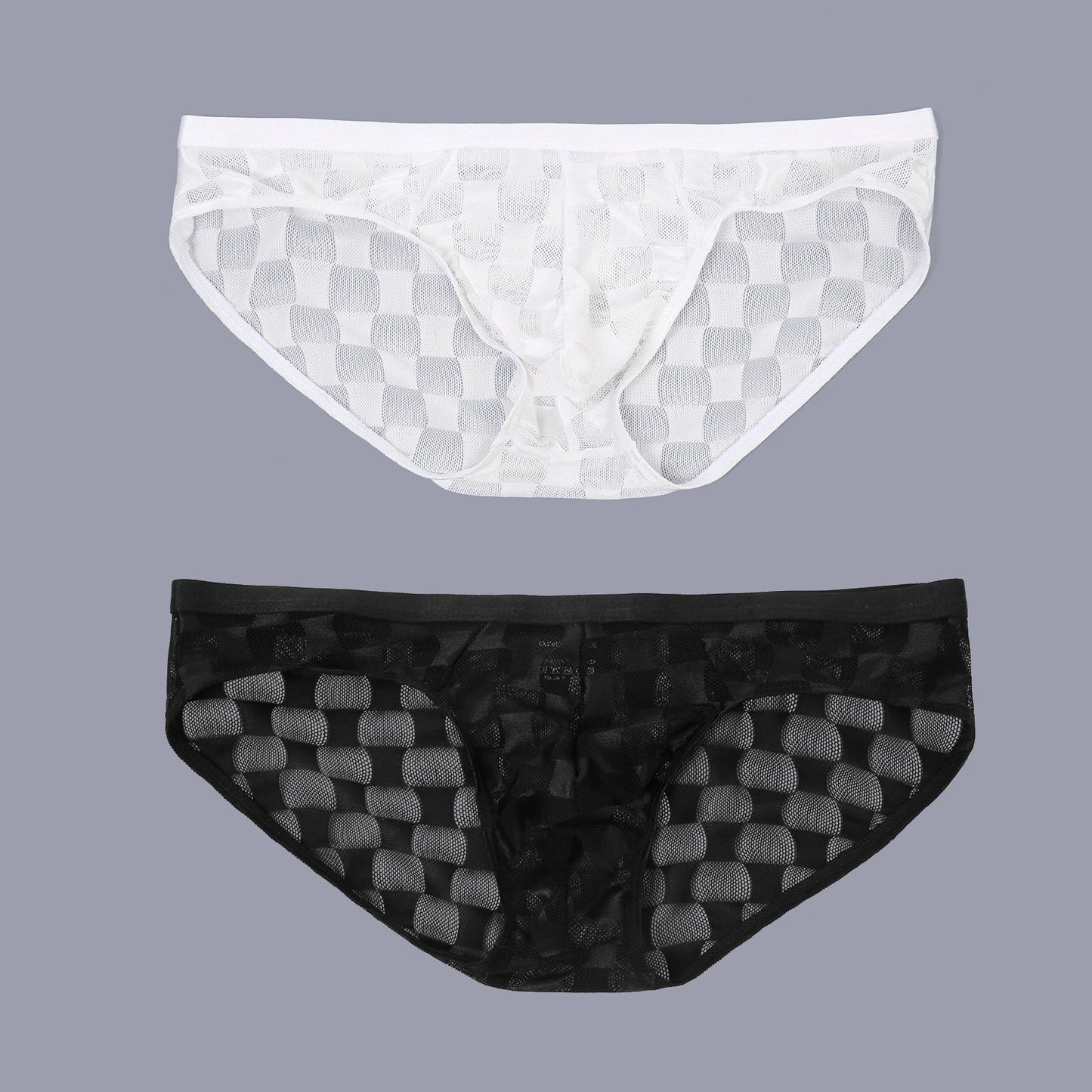Pair of transparent checkered mesh briefs: white top and black bottom, elastic waist