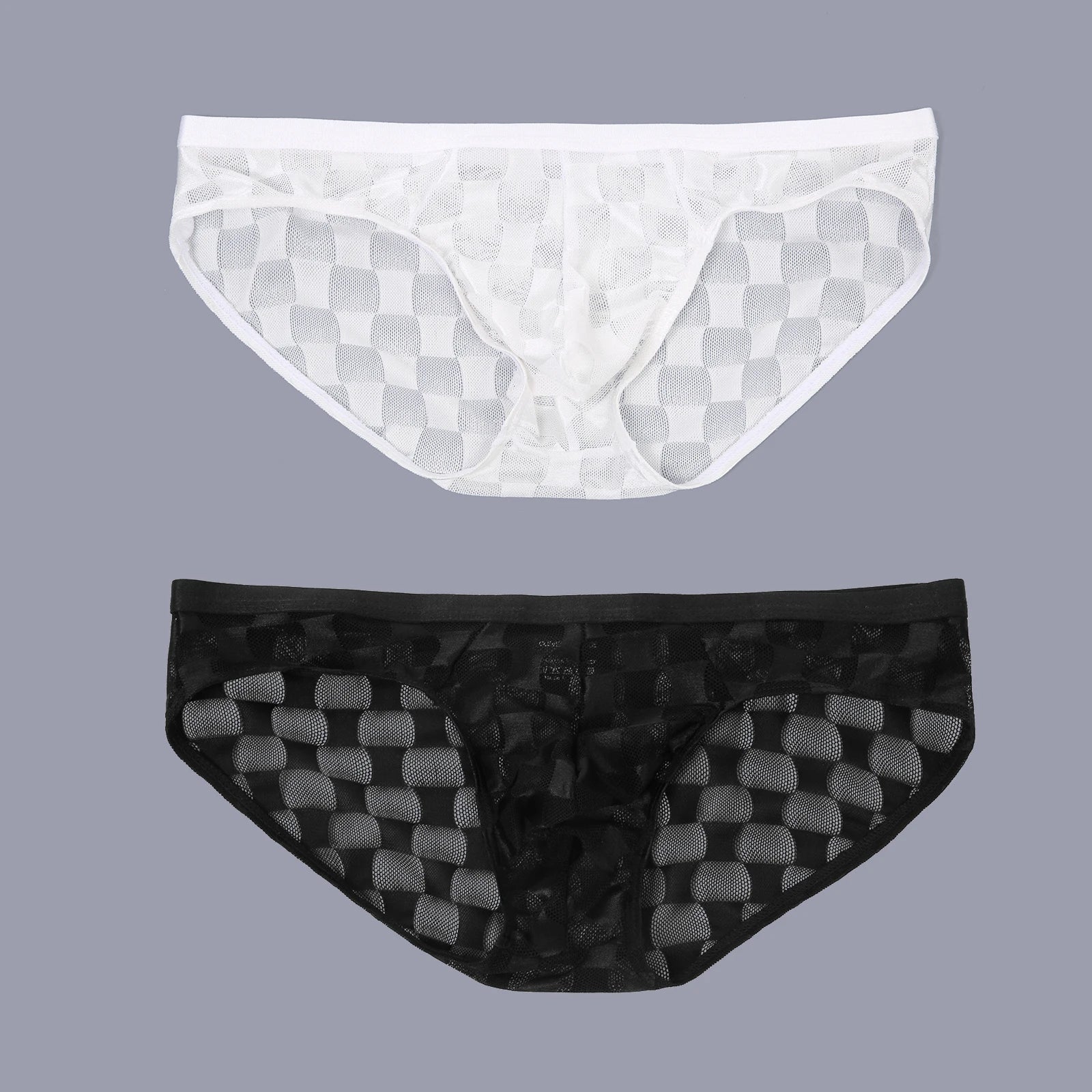 Pair of transparent checkered mesh briefs: white top and black bottom, elastic waist
