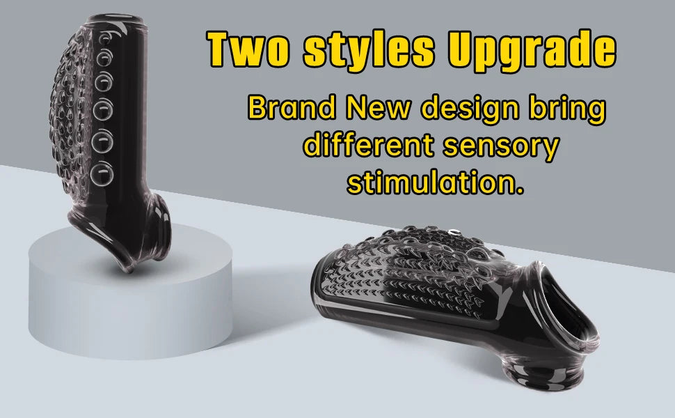 Black delay cock ring shown beside a second style, both with ridged textured bands