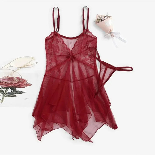 Burgundy sheer tulle lace babydoll set with bow-front bodice and string thong