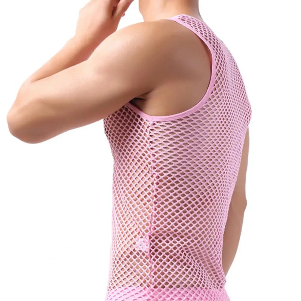 Pink sheer mesh long sleeve vest, round neckline and stretchy fishnet with arm openings