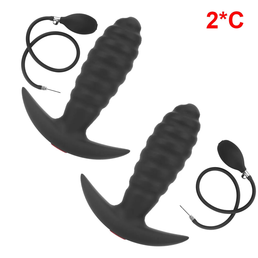 Black inflatable anal plug set with two plugs and ring strap (2*C)