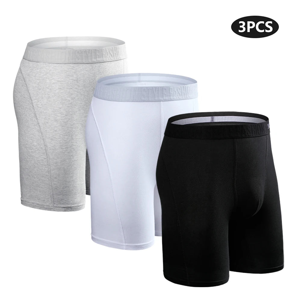 Men's cotton long boxer shorts, 3-pack in light gray, white, and black