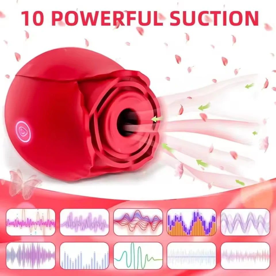 Red rose suction vibrator with suction nozzle and airflow pressure graphic
