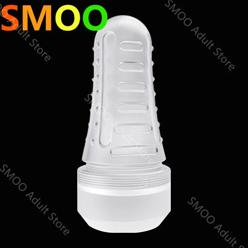 Realistic stroker cup, transparent top piece with vertical ridges and ribbed base