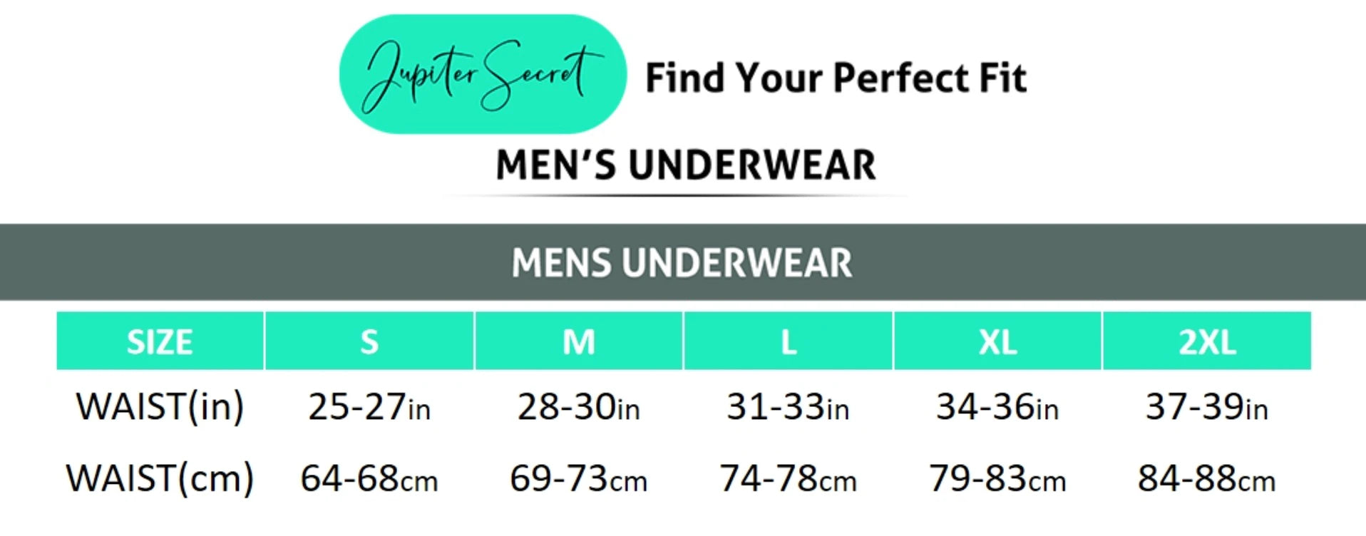 Men's underwear size chart with waist measurements for S to XXL