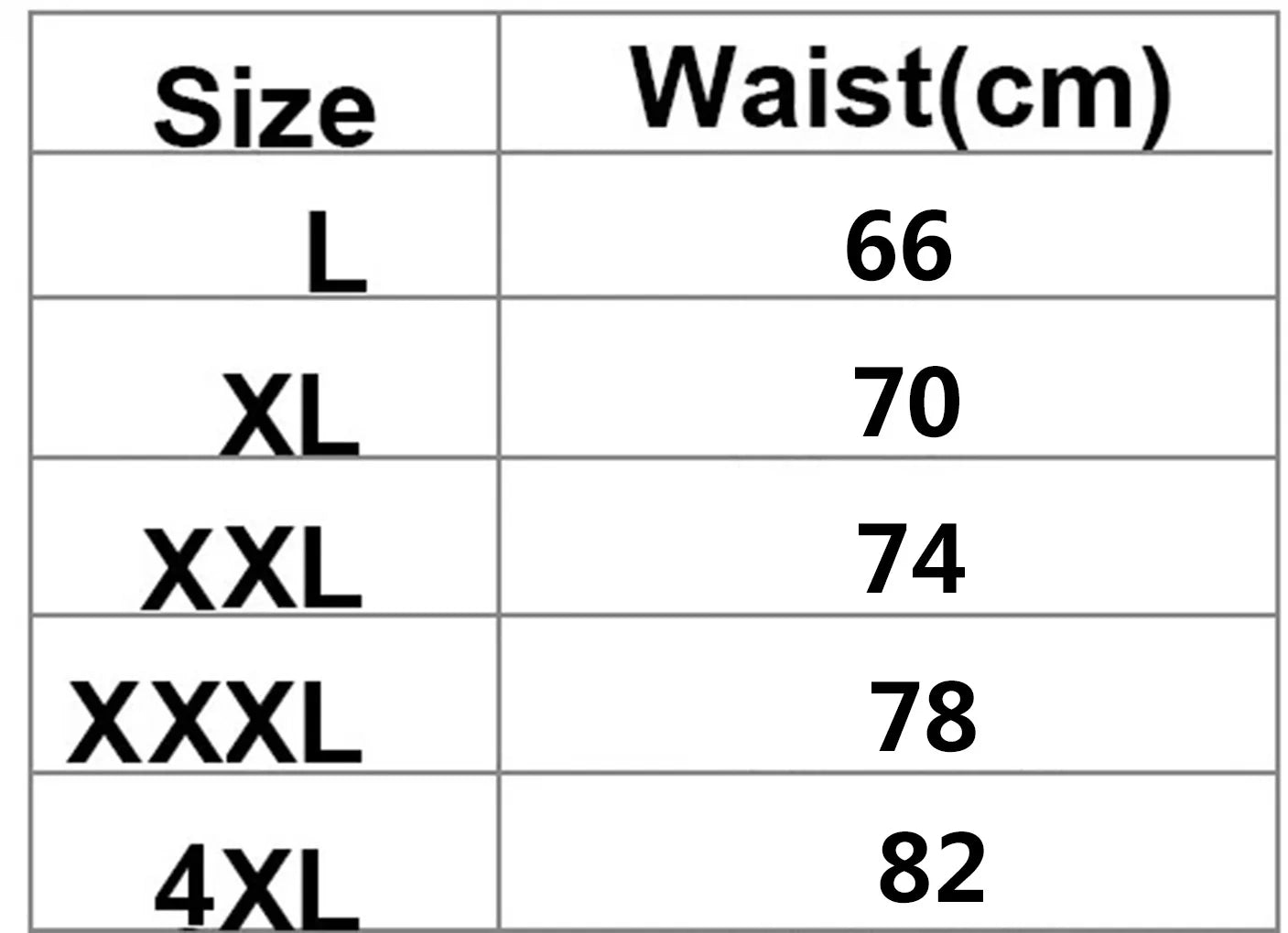 Size chart for ice silk mesh briefs, waist (cm) for L, XL, XXL, XXXL, 4XL