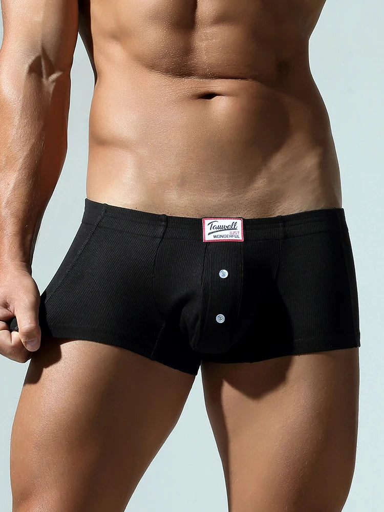 Black boxer brief side view with two-button front placket and smooth fabric.