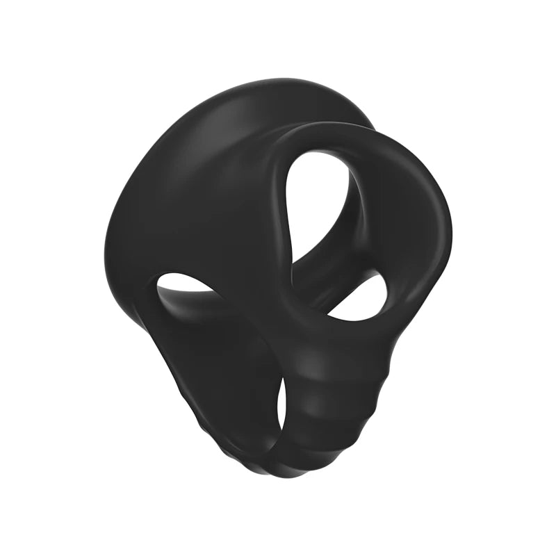 Black silicone delay cock ring with oval openings and smooth rounded shape