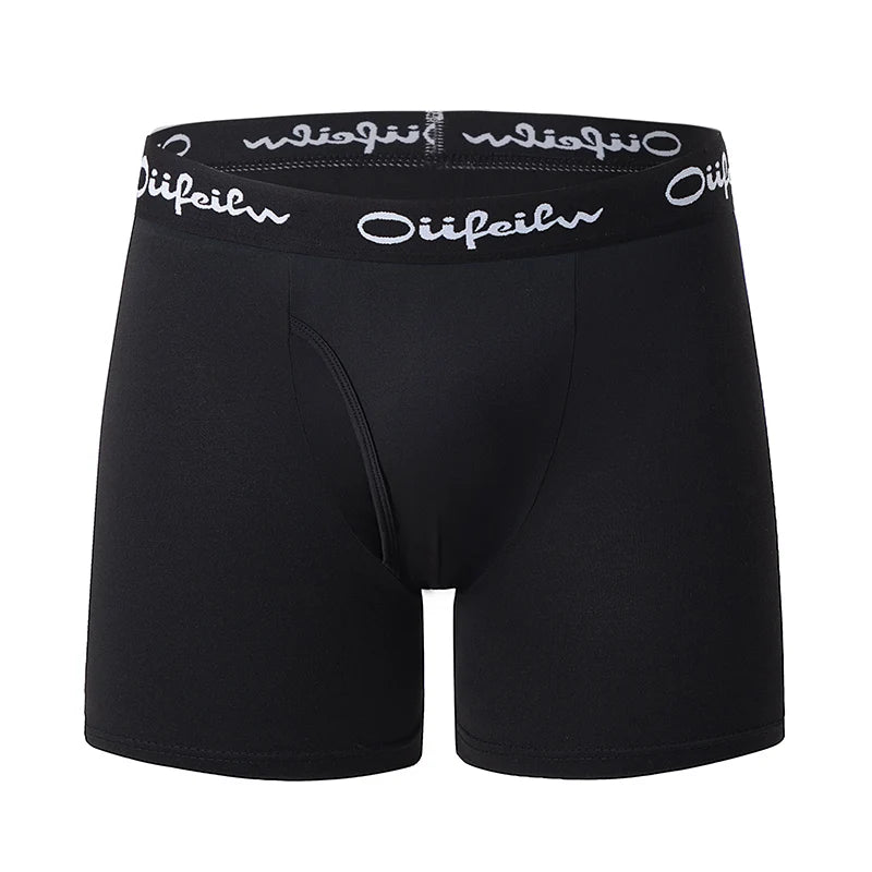 Black boxer briefs with black logo waistband, front view